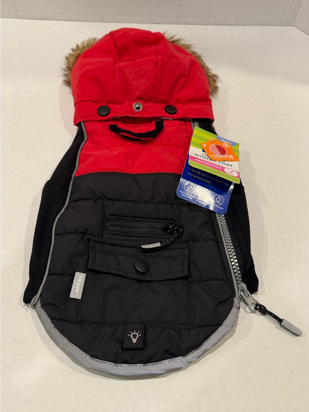 NWT Top Paw Hooded Winter Dog Coat Reflective Red Black Water Resistant, Small
